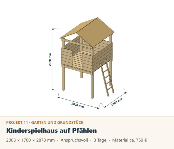 Spielhaus auf Pfählen selber bauen: Bauplan mit Leiter und Platz für eine Rutsche
