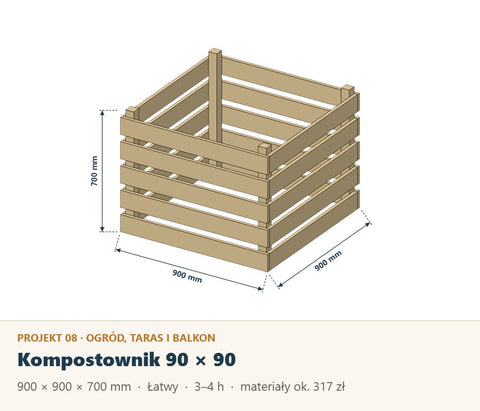 Kompostownik drewniany 90 × 90 cm: plan z listą materiałów
