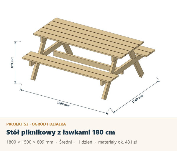 Stół piknikowy z ławkami 180 cm: plan z listą materiałów