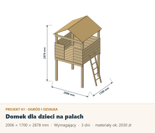 Domek dla dzieci na palach z drabinką: plan z listą materiałów