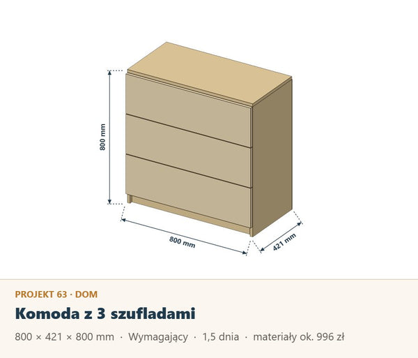 Komoda z 3 szufladami z drewna sosnowego: plan z listą materiałów
