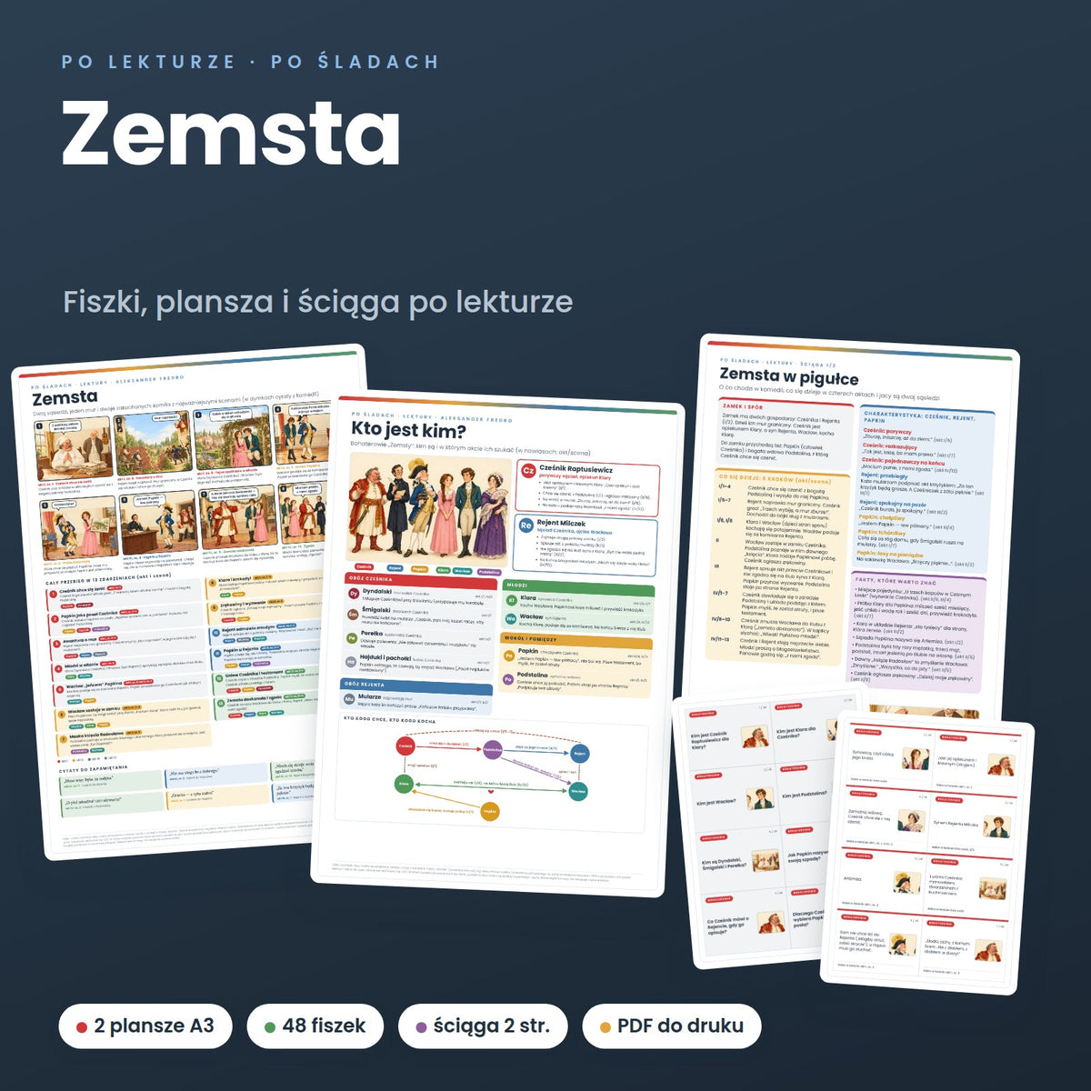 Zemsta: fiszki, plansza i ściąga po lekturze (PDF do druku)