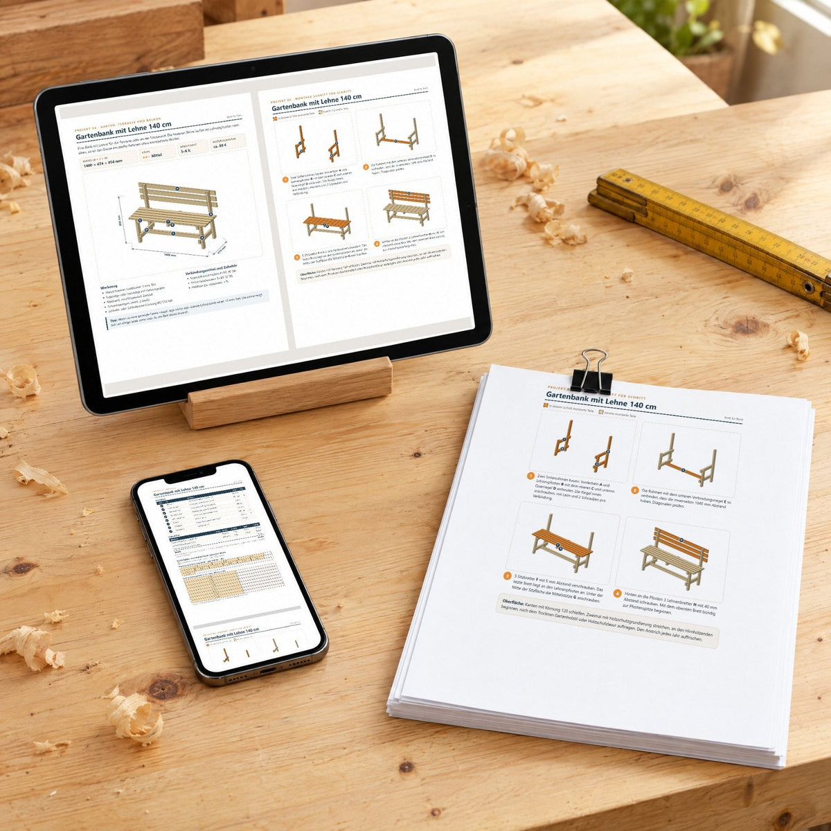 Baupläne auf Tablet, Handy und Papier