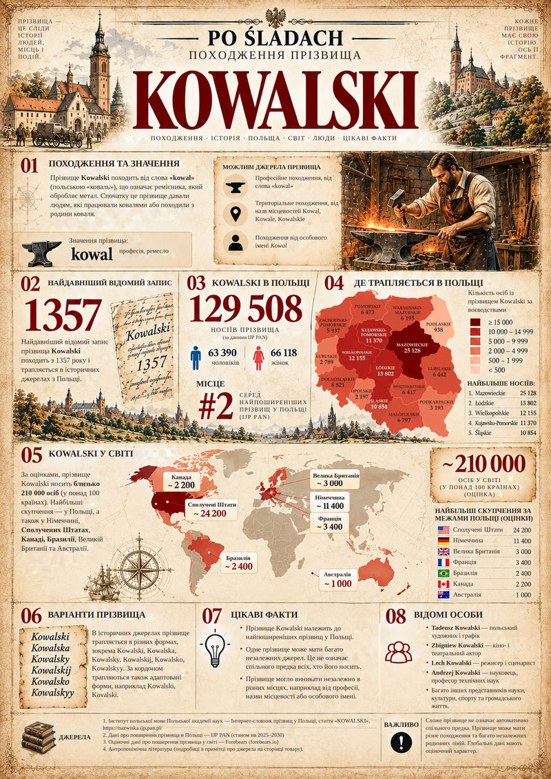 Plakat Geneza nazwiska Kowalski, wersja językowa: uk