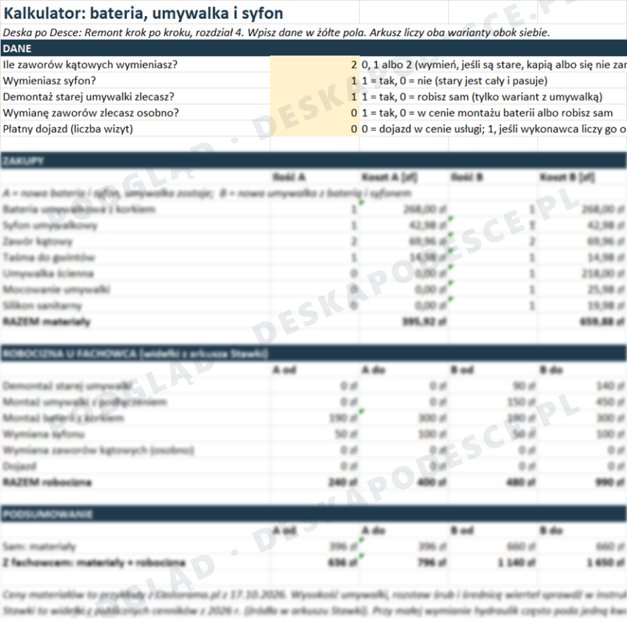 Podgląd kalkulatora Excel