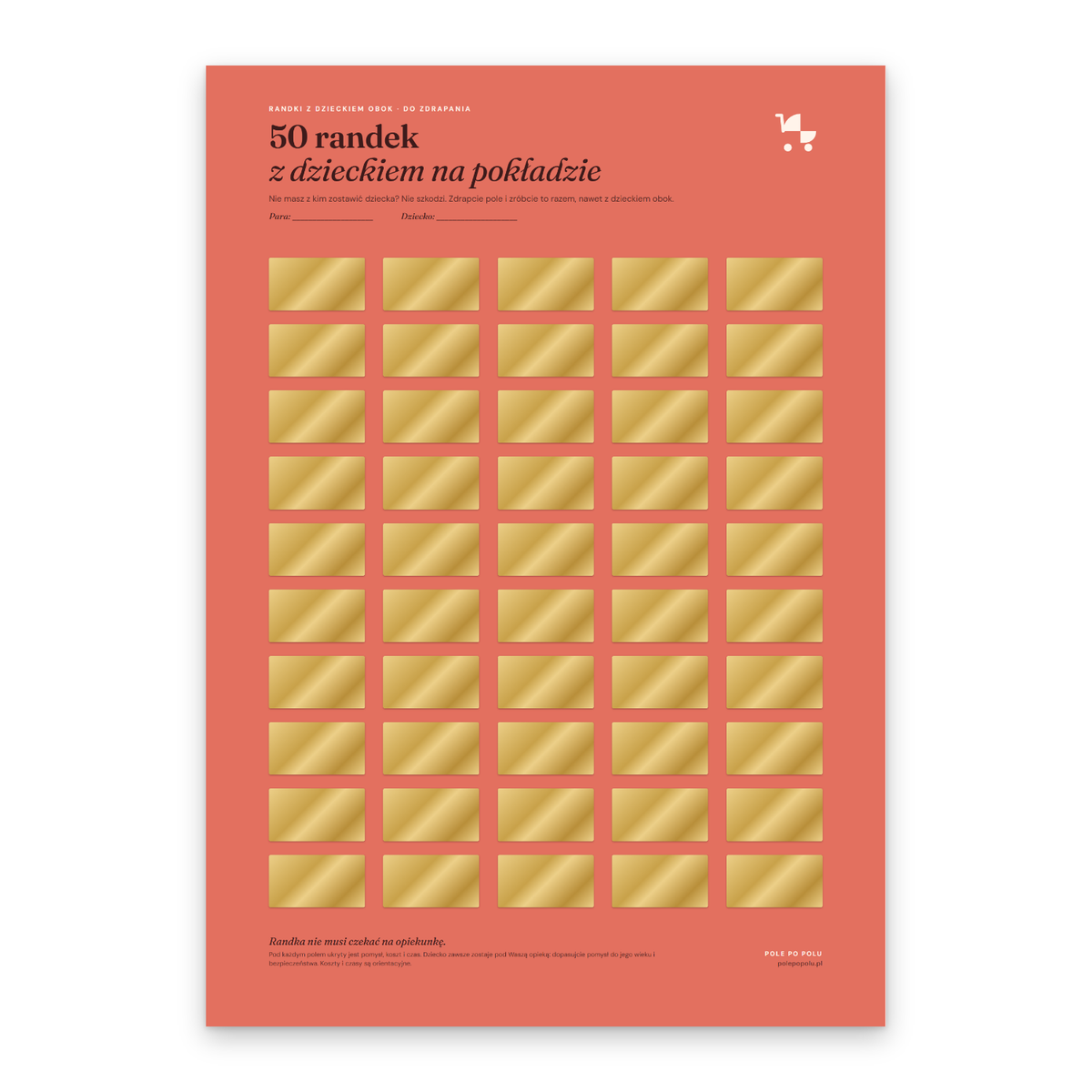 Plakat zdrapka A3: 50 randek z dzieckiem na pokładzie, cały plakat ze złotymi zdrapkami